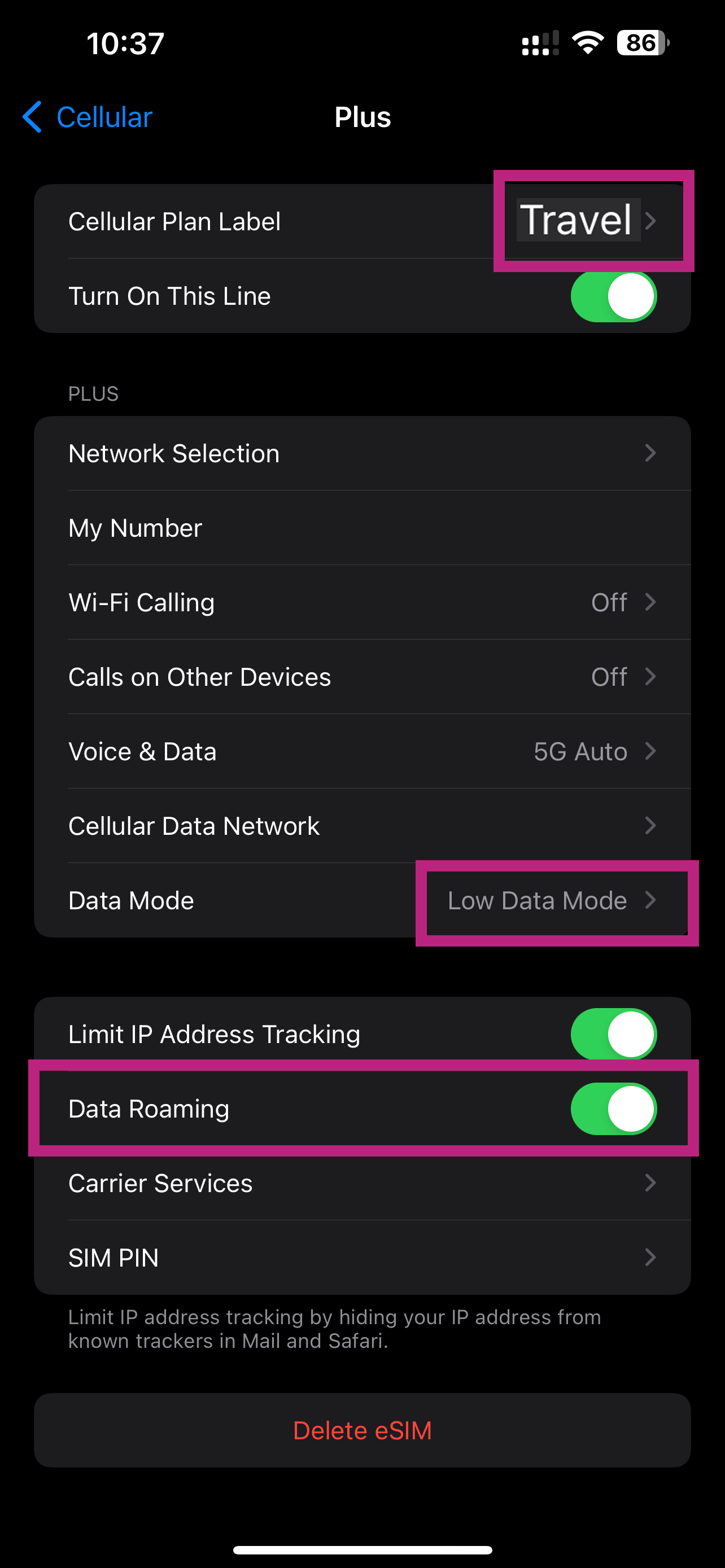 Step 12: Enable roaming on eSIM